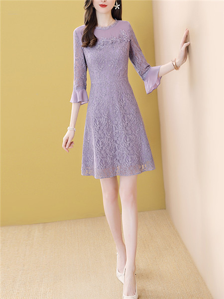 紫色蕾丝连衣裙女A字短裙